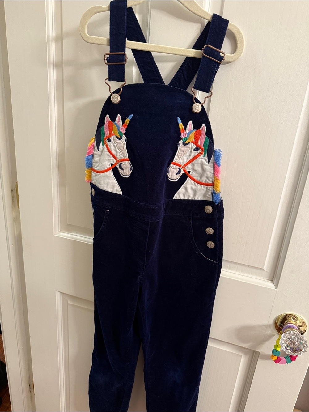 Mini Boden Girls Navy Corduroy Overalls with Colorful Unicorn Embroidery